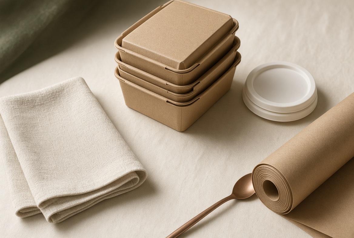 Kraft takeout containers, a lid, a linen napkin, and a roll of kraft paper on a linen surface