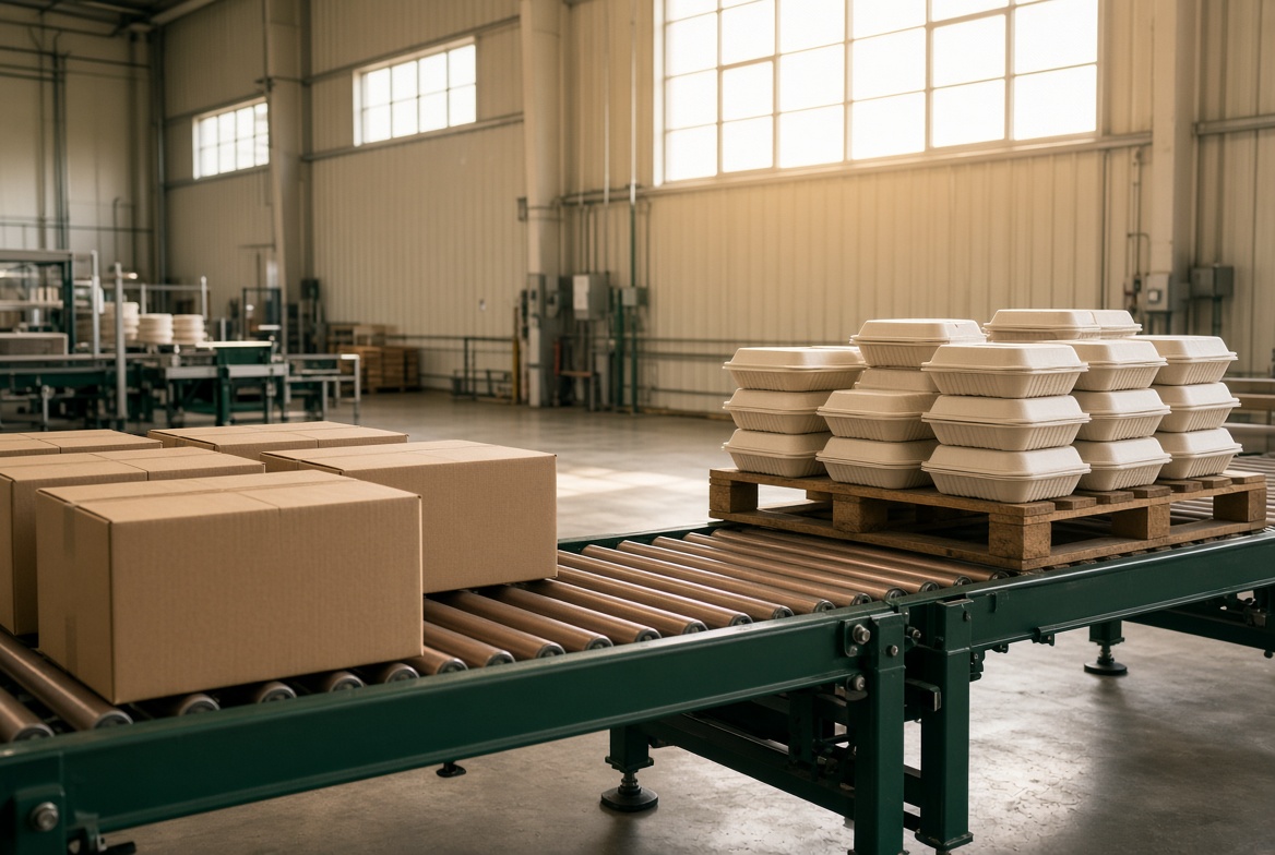 Foodservice packaging and boxes moving on a factory conveyor line