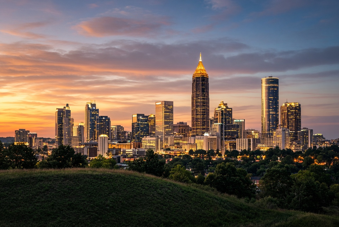 Atlanta skyline at sunset viewed from a green hill
