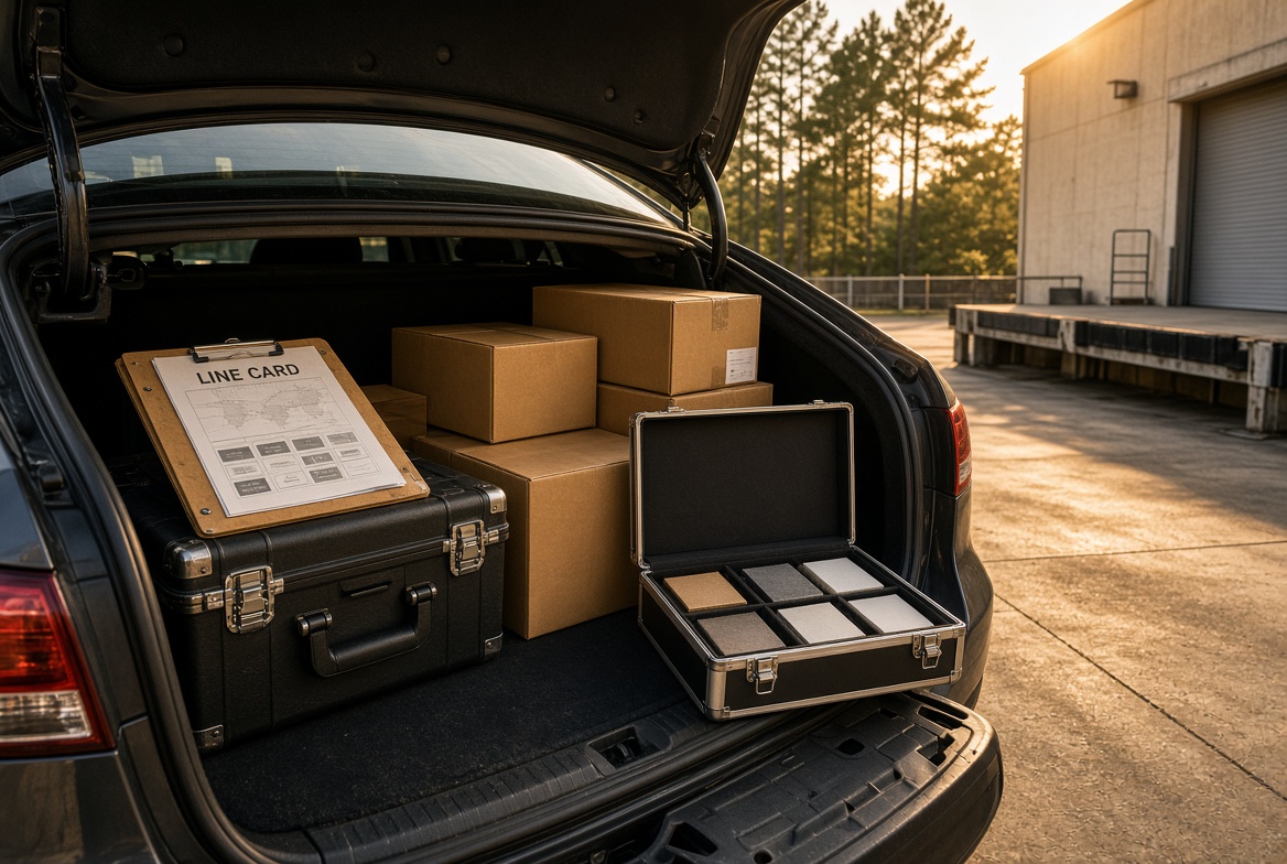 A sales rep's car trunk loaded with sample cases and product boxes at a loading dock