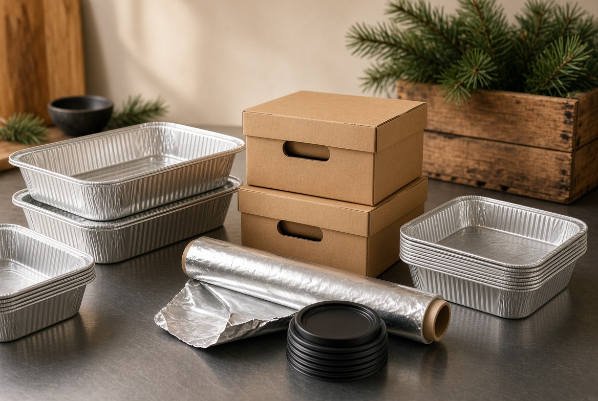 Foil catering pans, lids, and kraft takeout boxes arranged on a counter