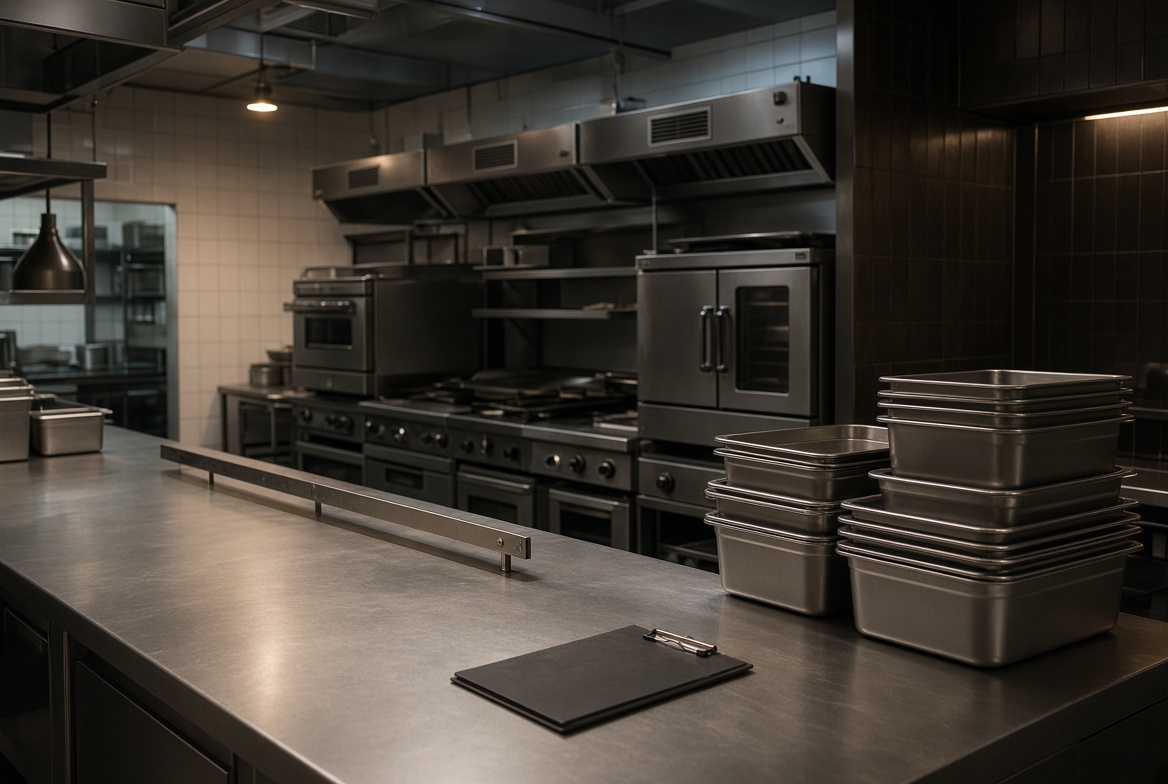 A clean commercial kitchen with stainless steel counters, ovens, and stacked prep pans