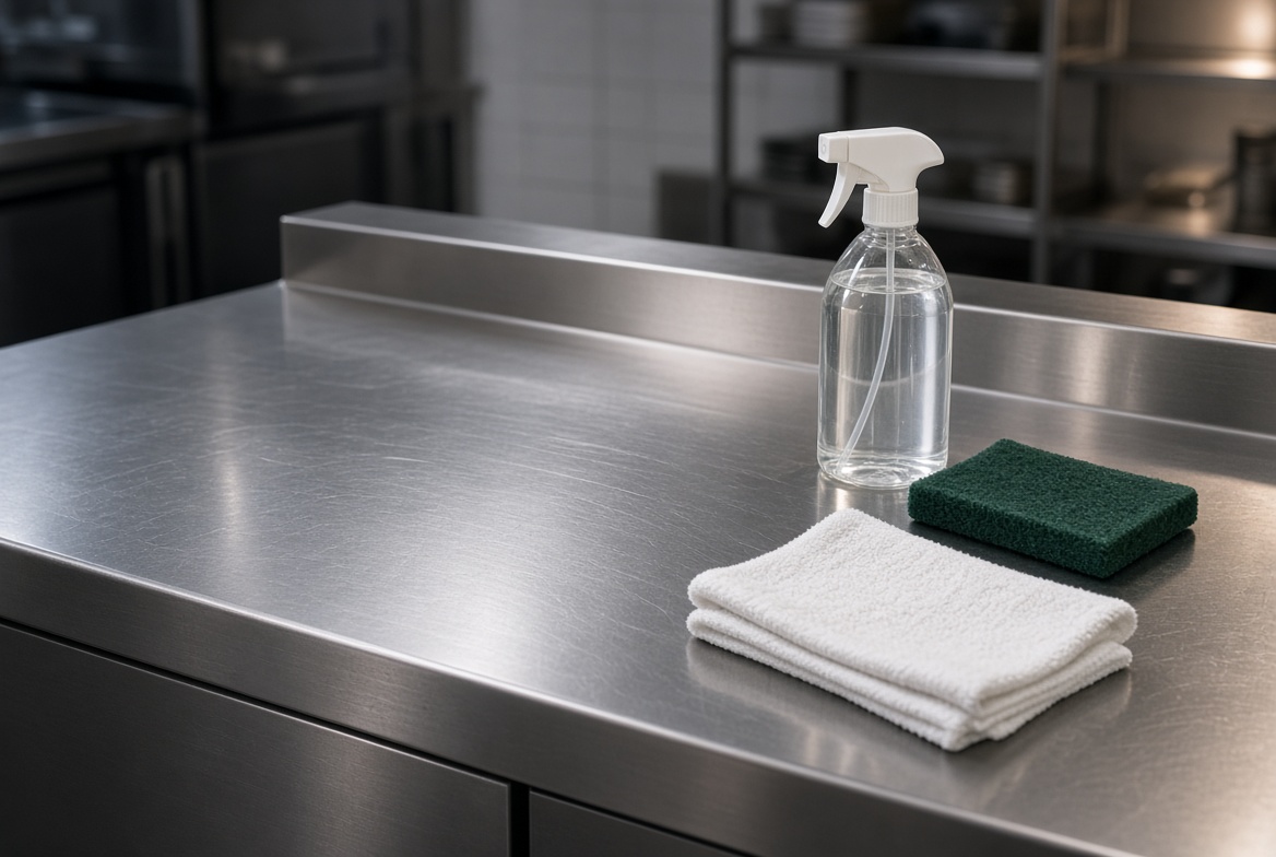 Cleaning pads, brushes, and stainless surfaces used in a commercial kitchen