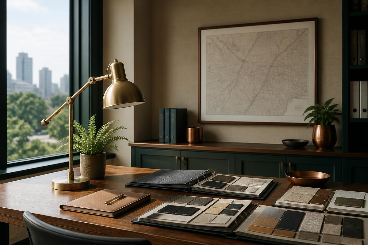 A quiet agency office desk with sample binders, a brass lamp, and a framed map with the Atlanta skyline in the distance