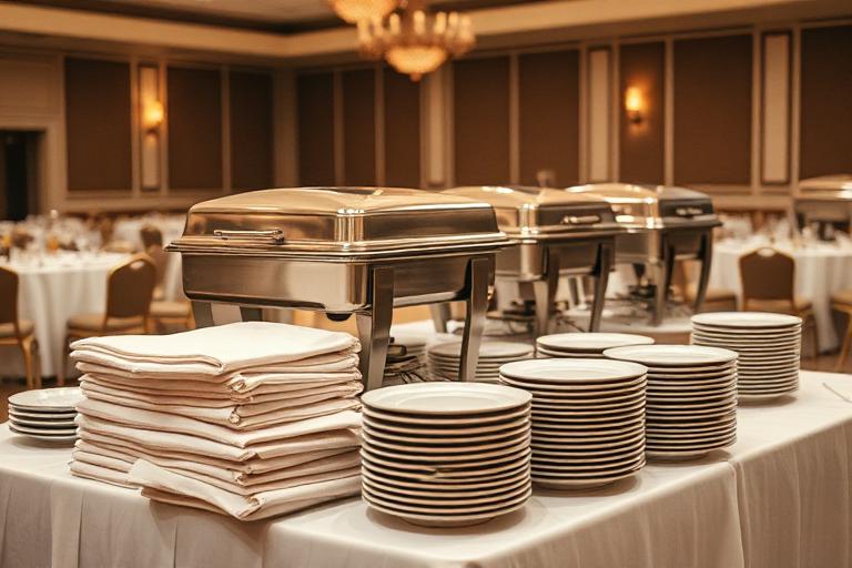 Chafing trays, folded linens, and stacked platters staged on a banquet table