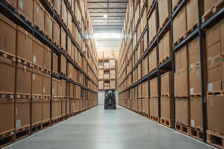 Warehouse aisle of pallet racking stacked with cases
