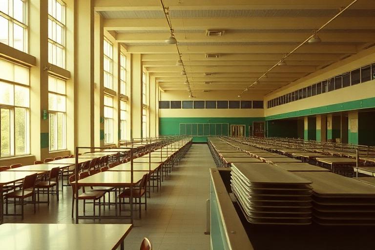 Empty school cafeteria with long tables and stacked serving trays