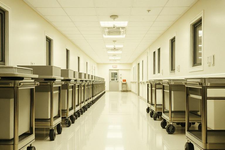 Stainless meal delivery carts lined along a bright healthcare corridor