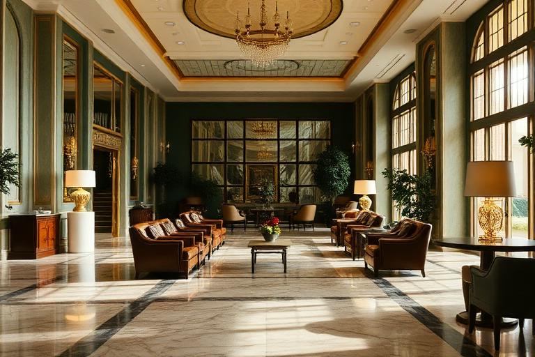 Hotel lobby lounge with marble floor, brass details, and leather seating