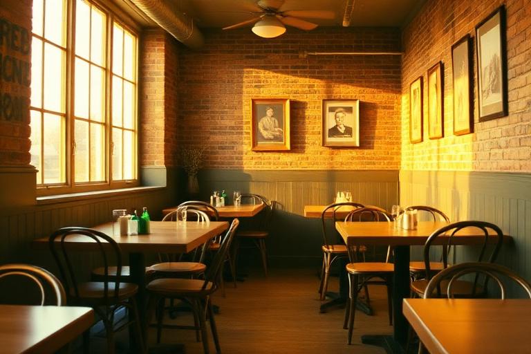 Empty dining room of an independent neighborhood restaurant in warm afternoon light