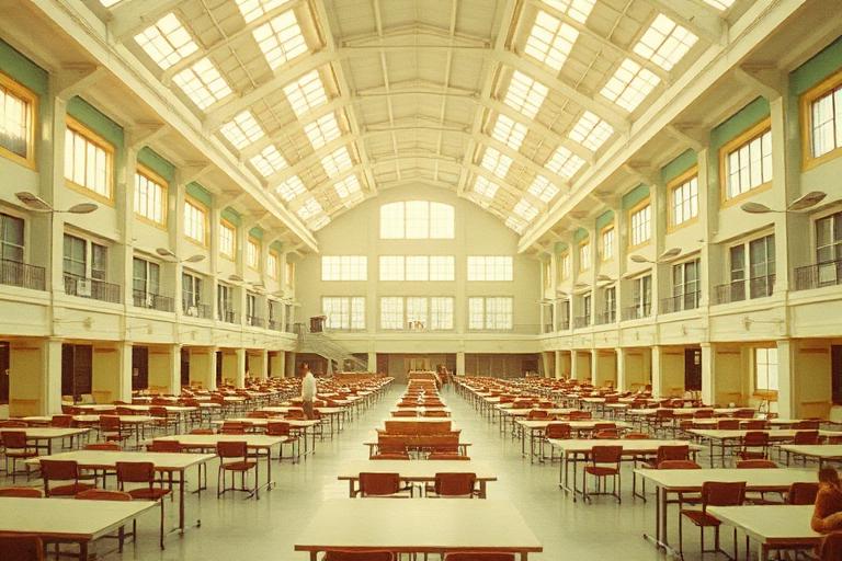 Institutional dining hall with orderly rows of tables under tall windows