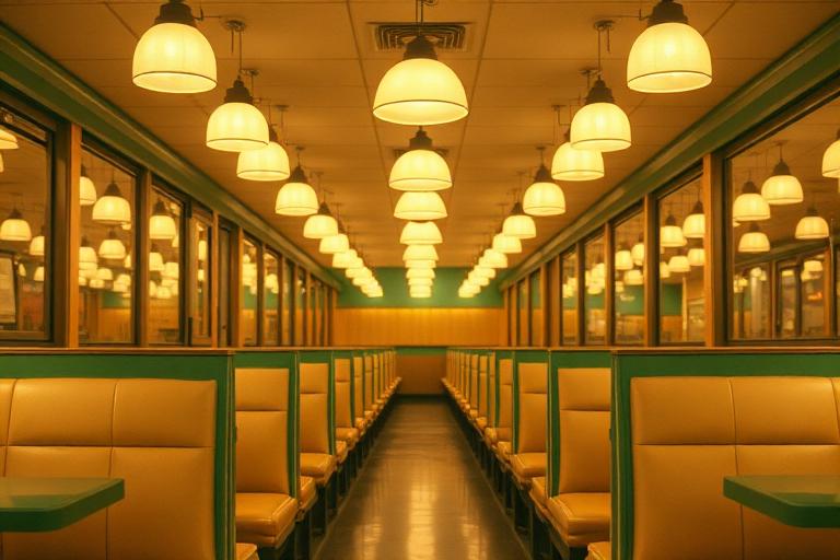Repeating booths and pendant lights in a multi-unit restaurant dining room