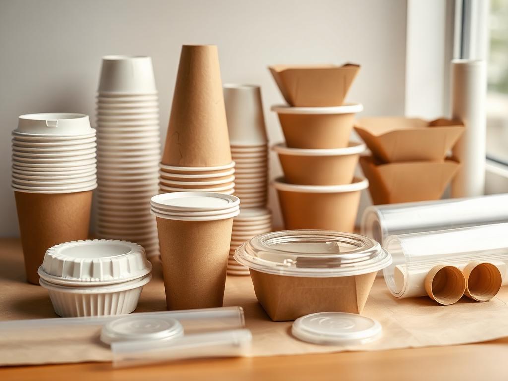 Stacked paper cups, takeout containers, and lids arranged on a counter